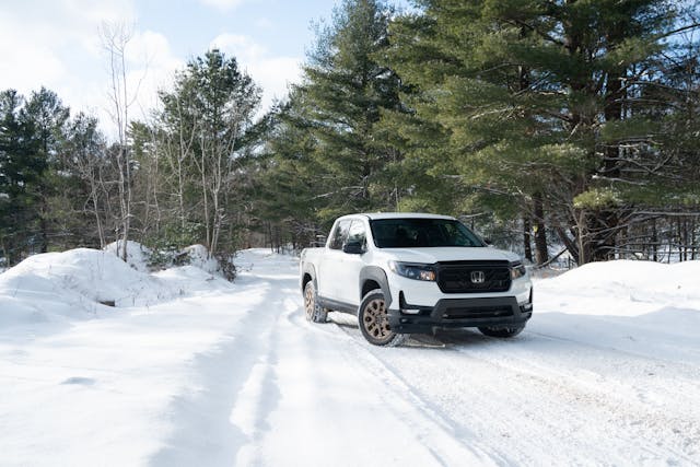 2021 Honda Ridgeline AWD Sport front three quarter snowy road low