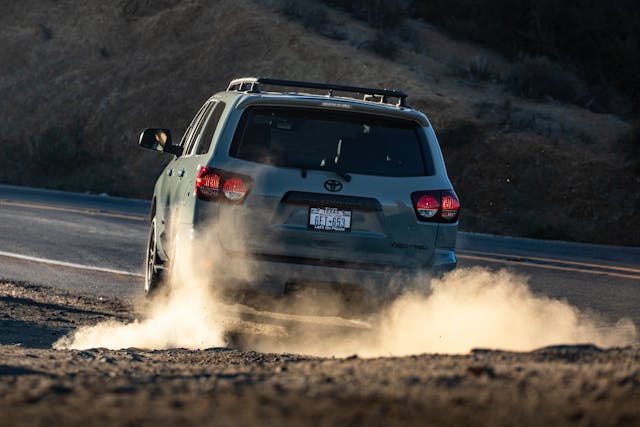 2022 Toyota Sequoia TRD Pro rear dust cloud action