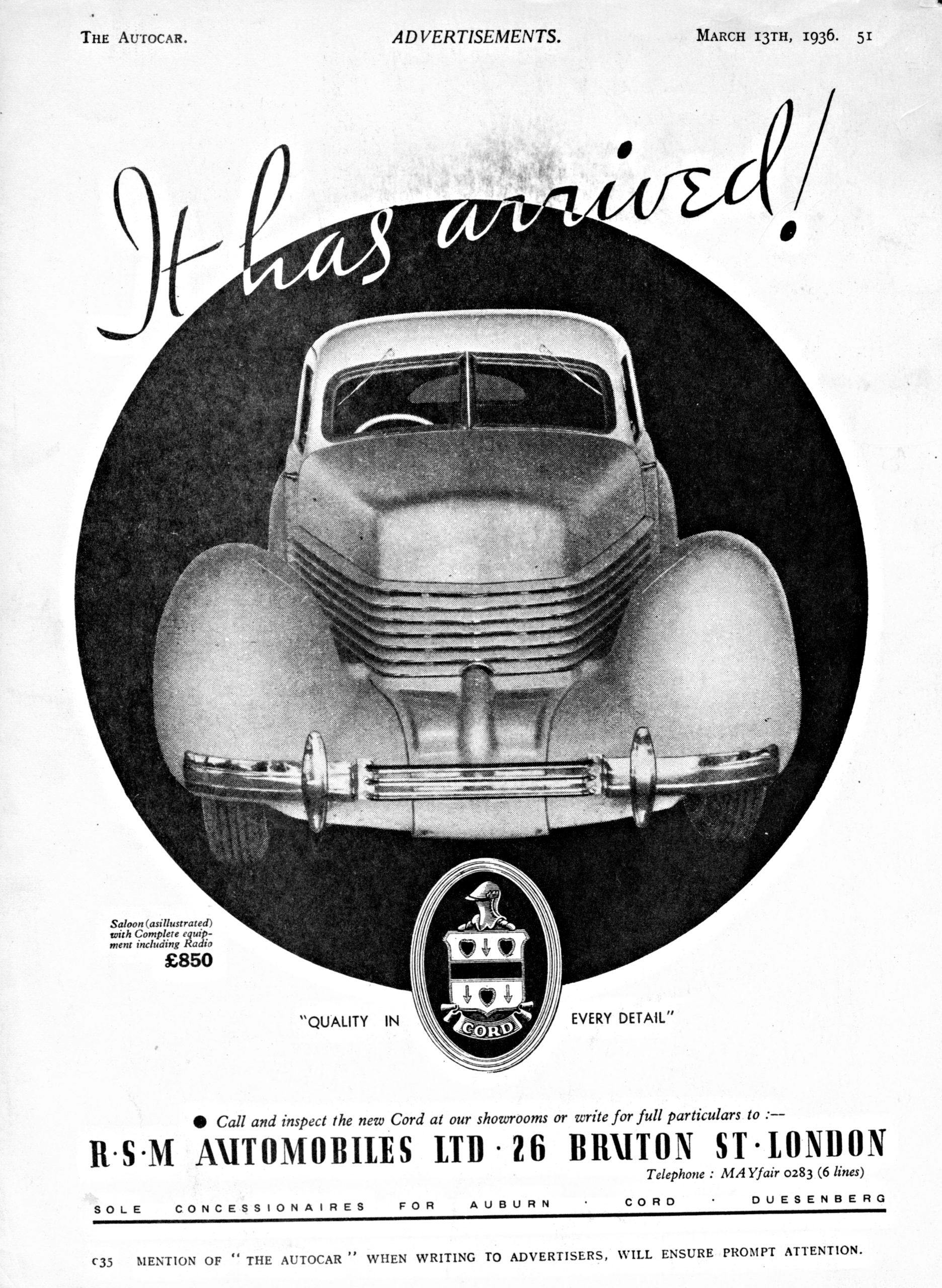 Cord 810 brochure 1936 vintage ad