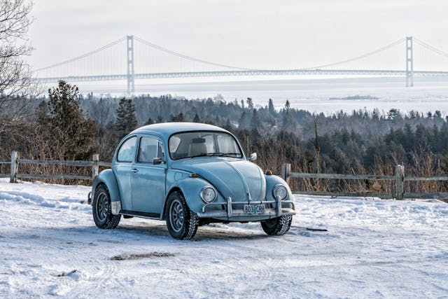 vw beetle mackinaw bridge winter