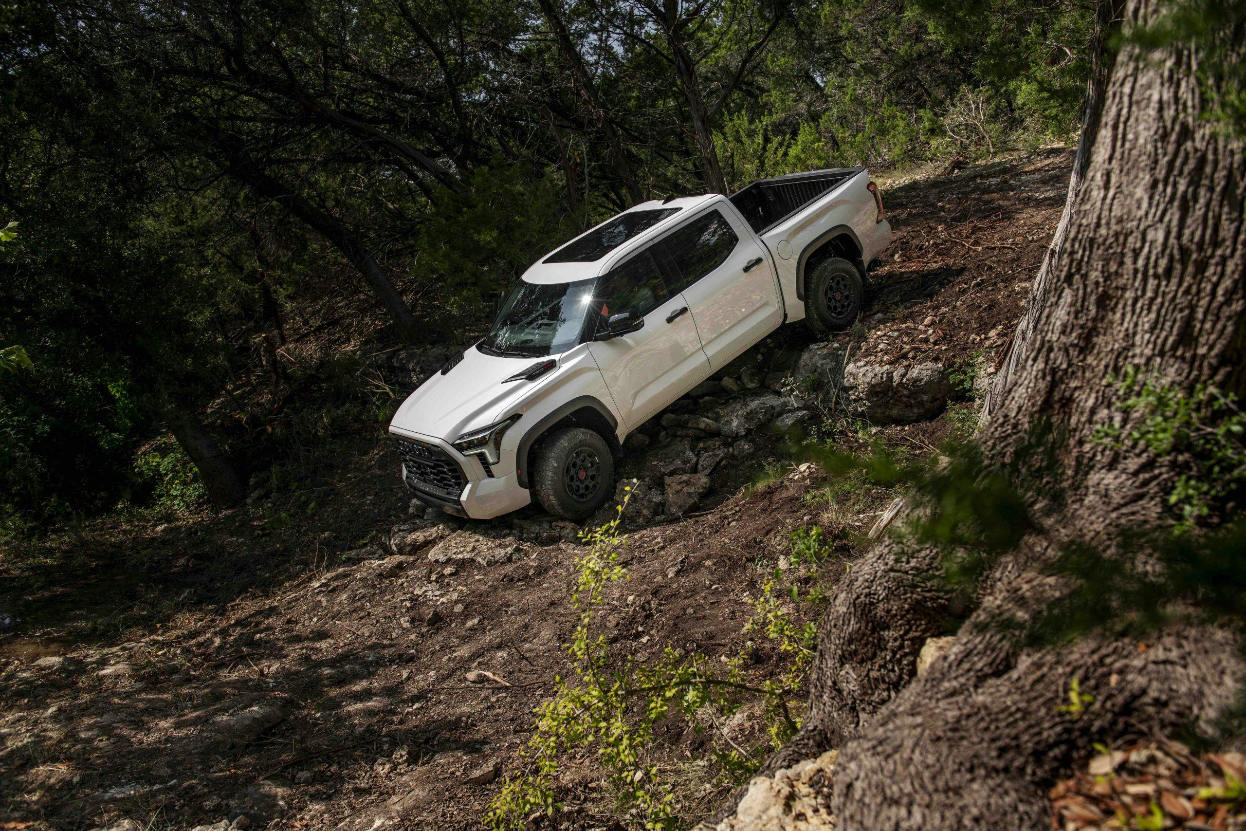 2022 Toyota Tundra TRD Pro front angled descending dirt white