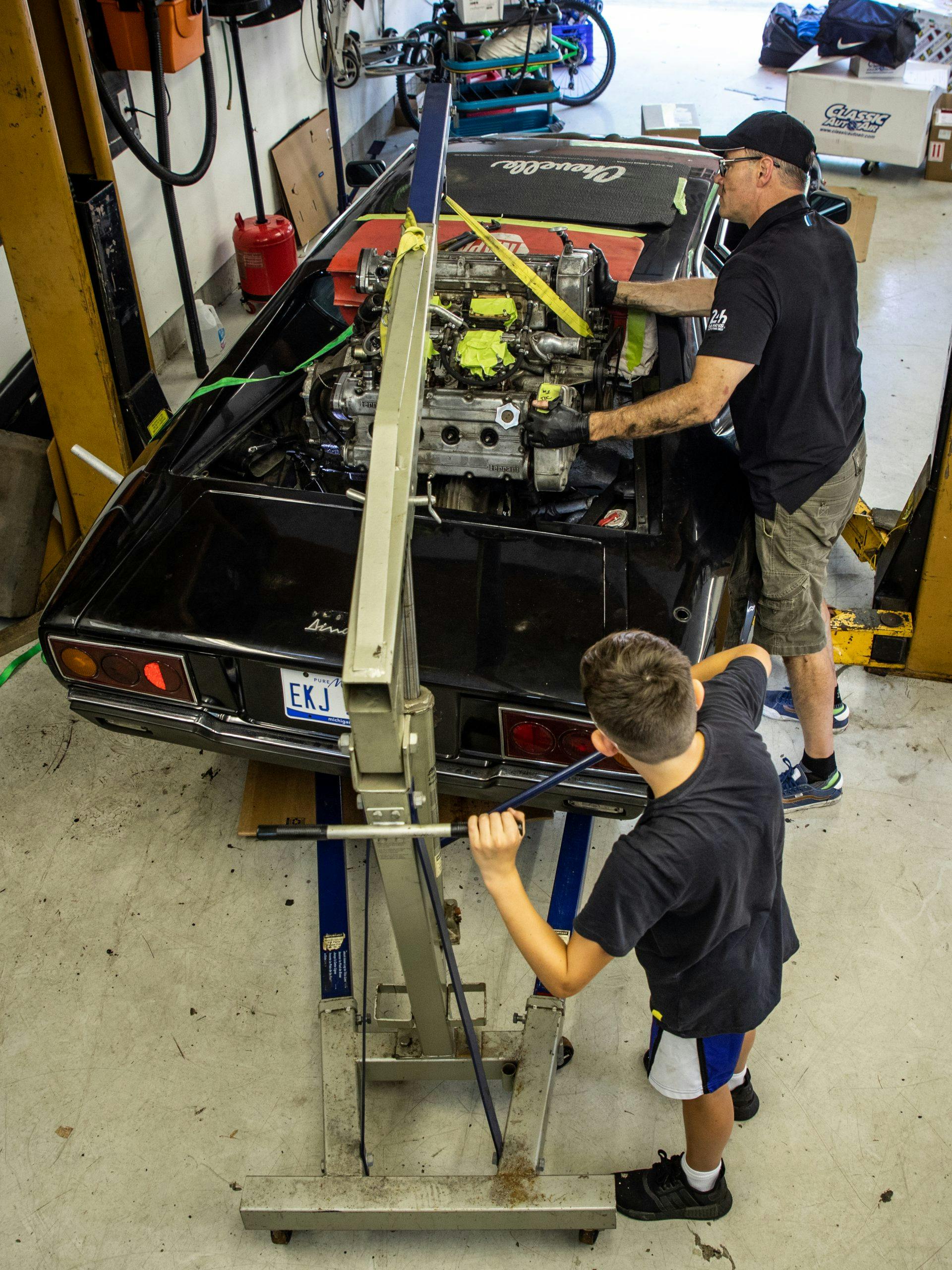 Ferrari Dino restoration engine hoist vertical