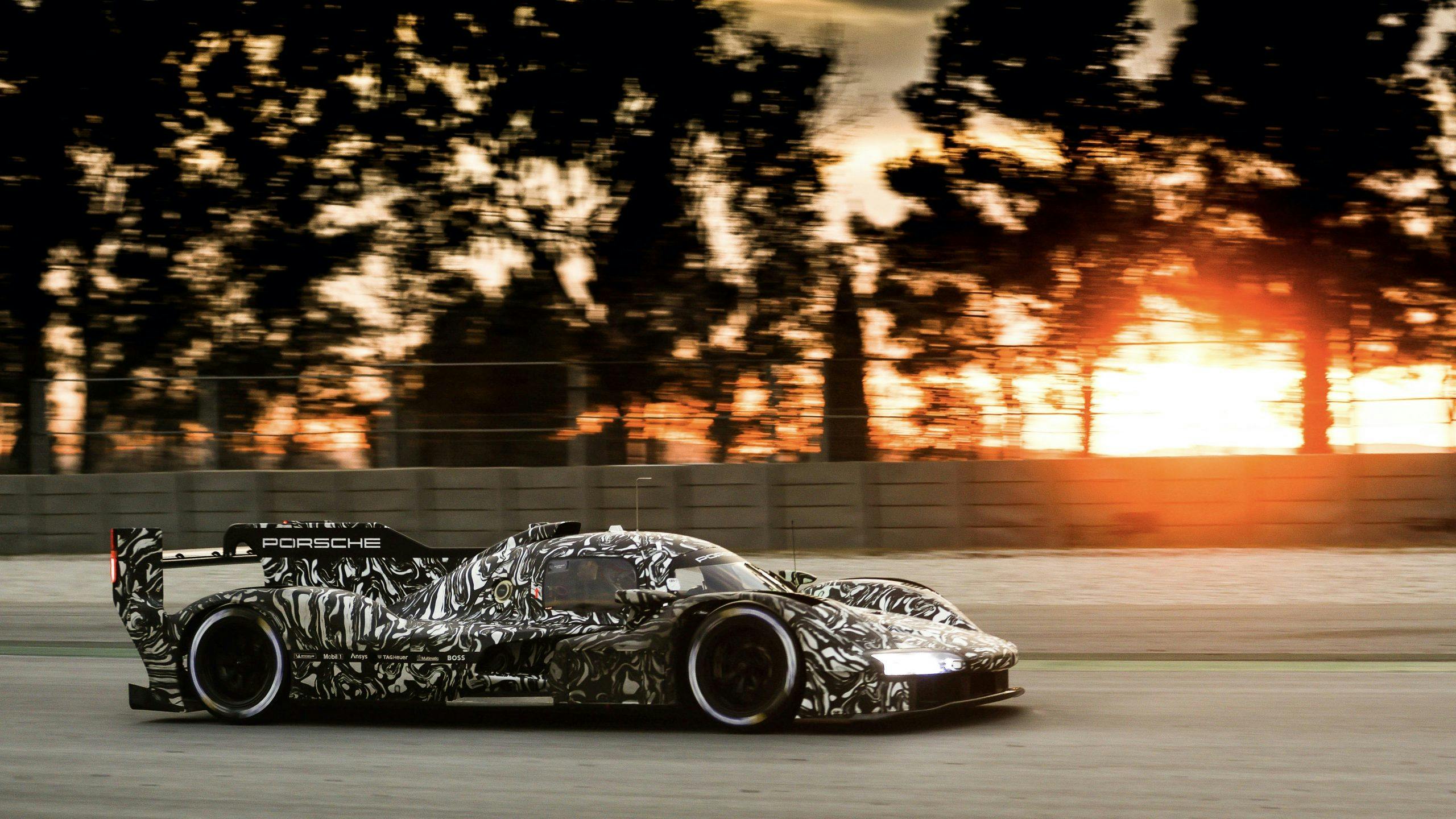 Porsche LMDh prototype Le Mans Barcelona test 2022 sunset