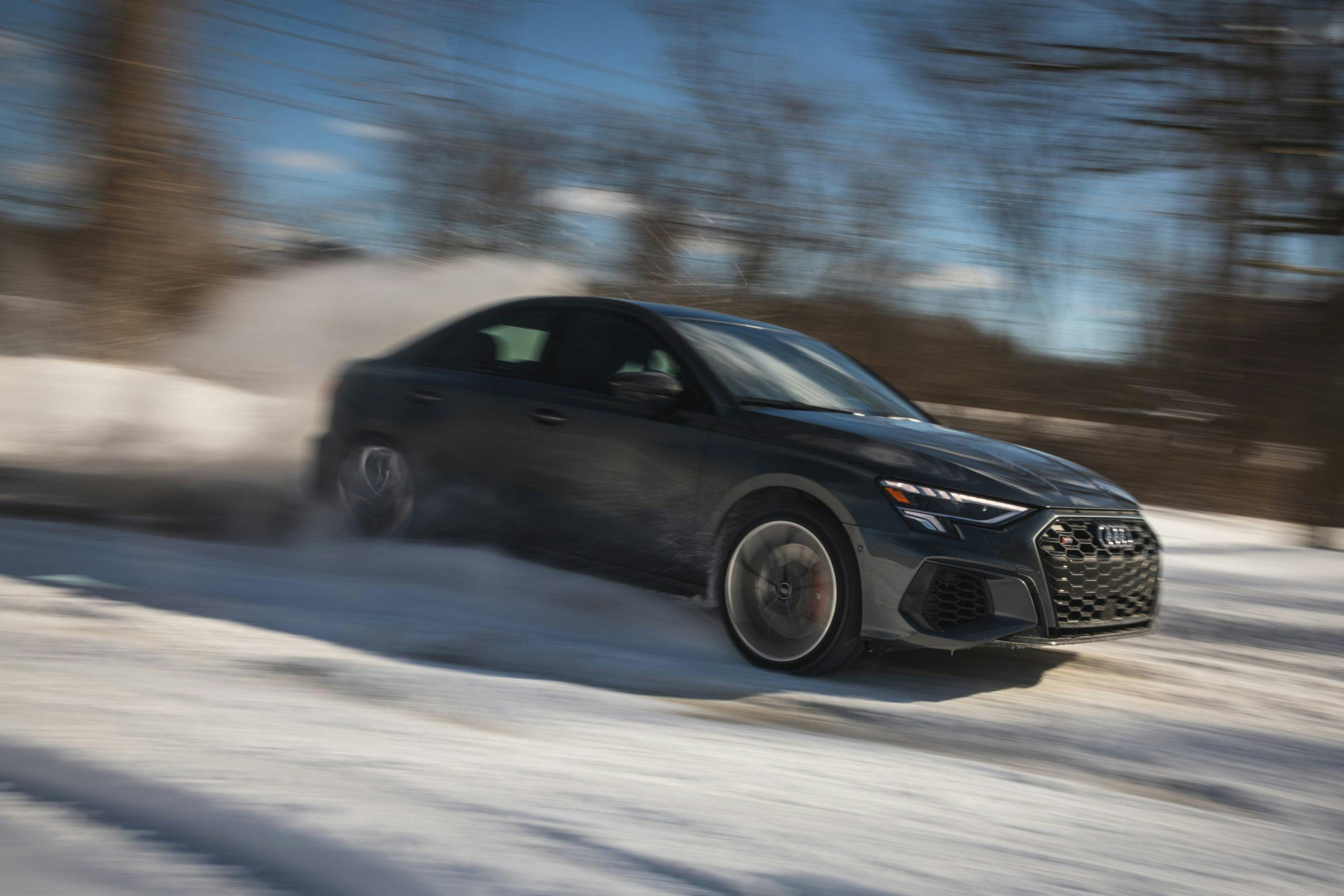 2022 Audi S3 dynamic driving action front three-quarter