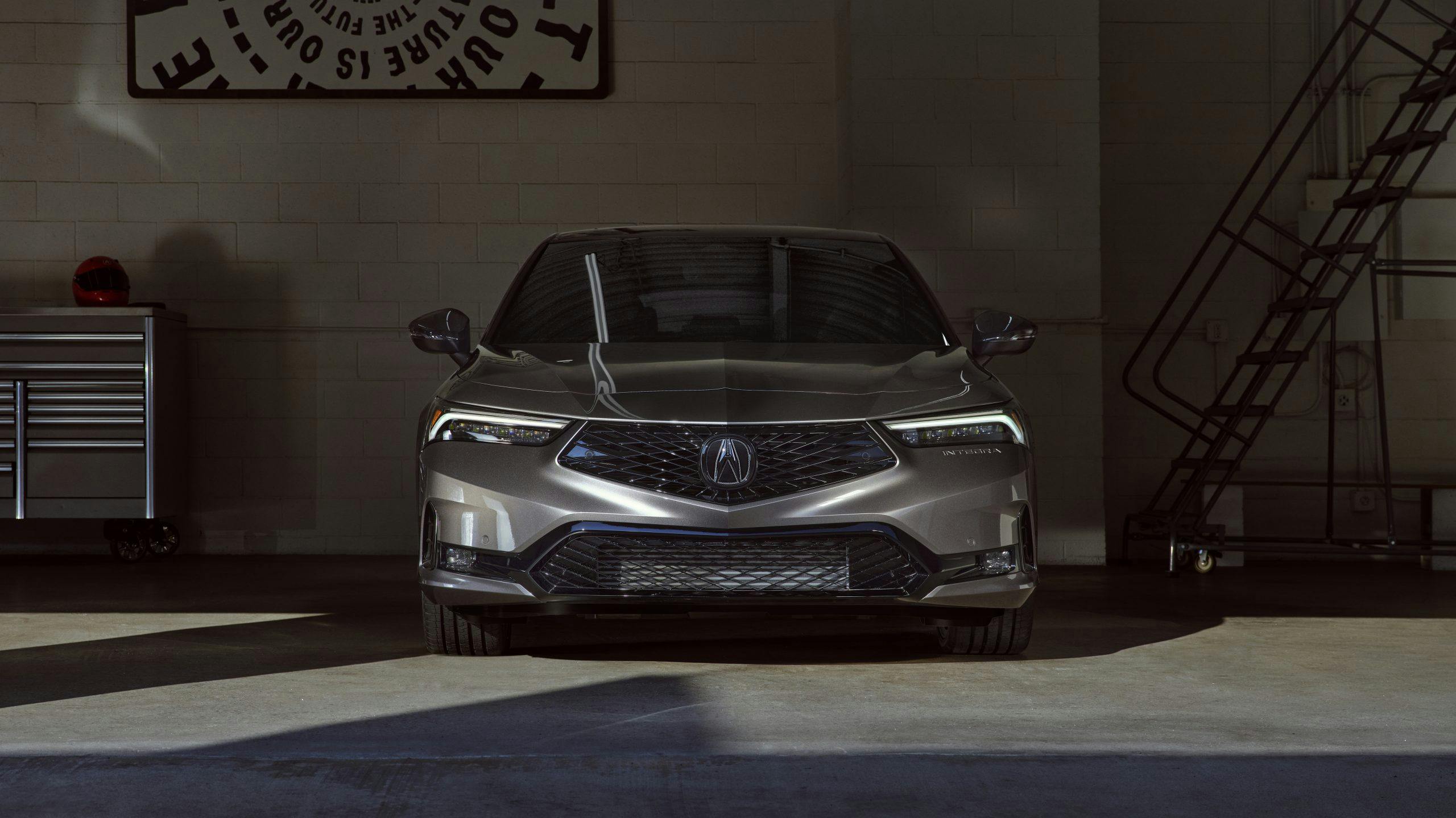 2023 Acura Integra exterior silver front end in shadows