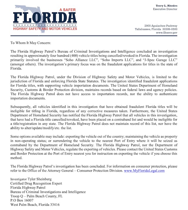 FL Imports letter release full