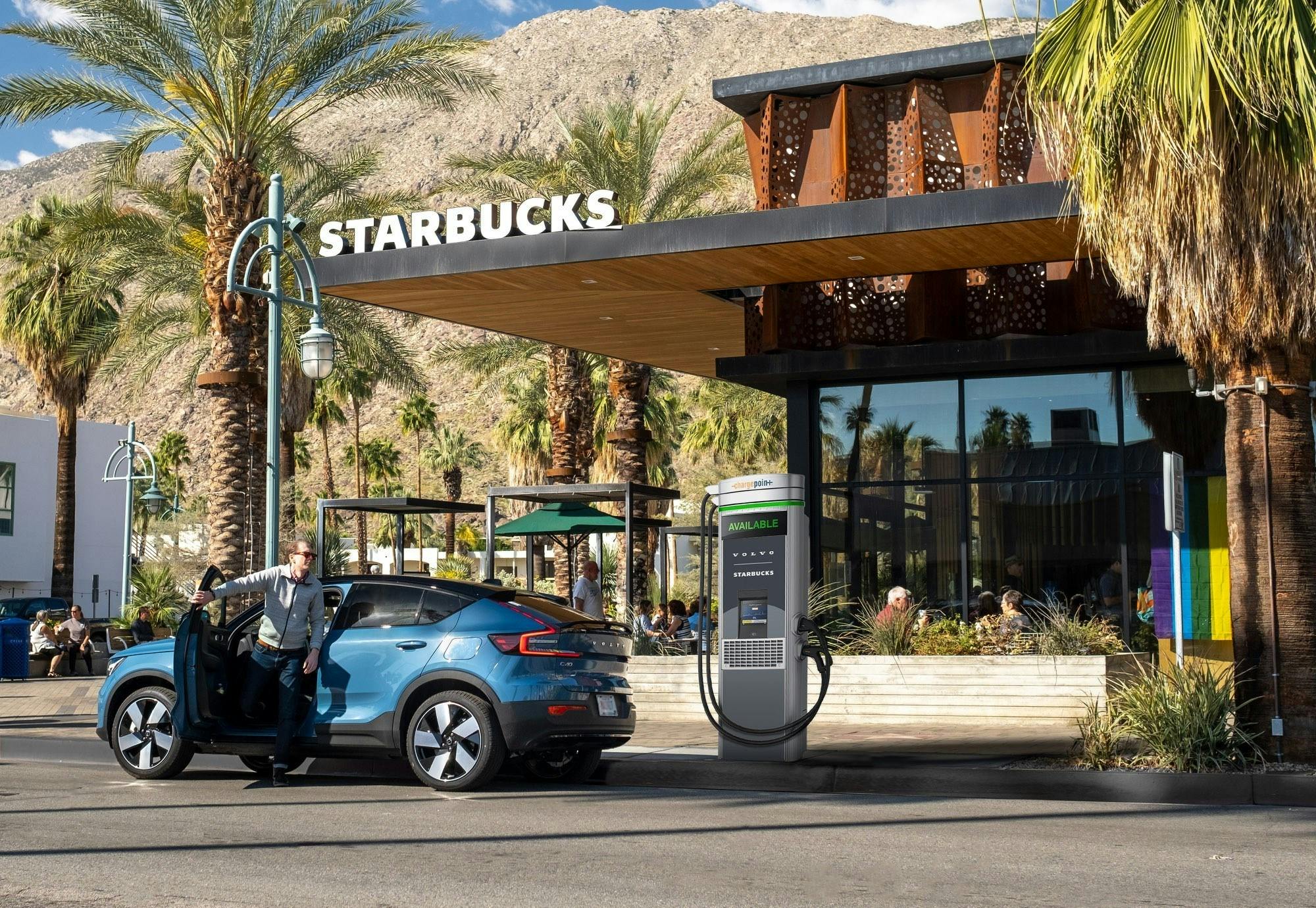 Volvo C40 Recharge EV at Starbucks using special charging location