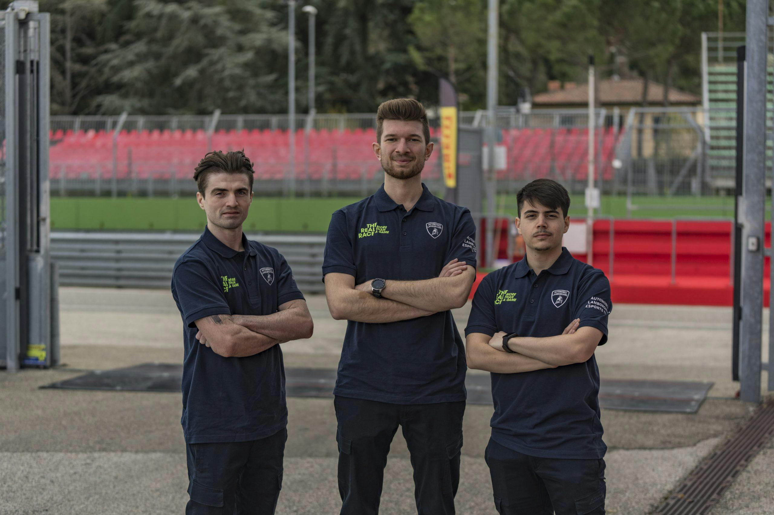 Lamborghini factory sim e-racing team Jordan Sherratt, Gianfranco Giglioli and Giorgio Simonini.