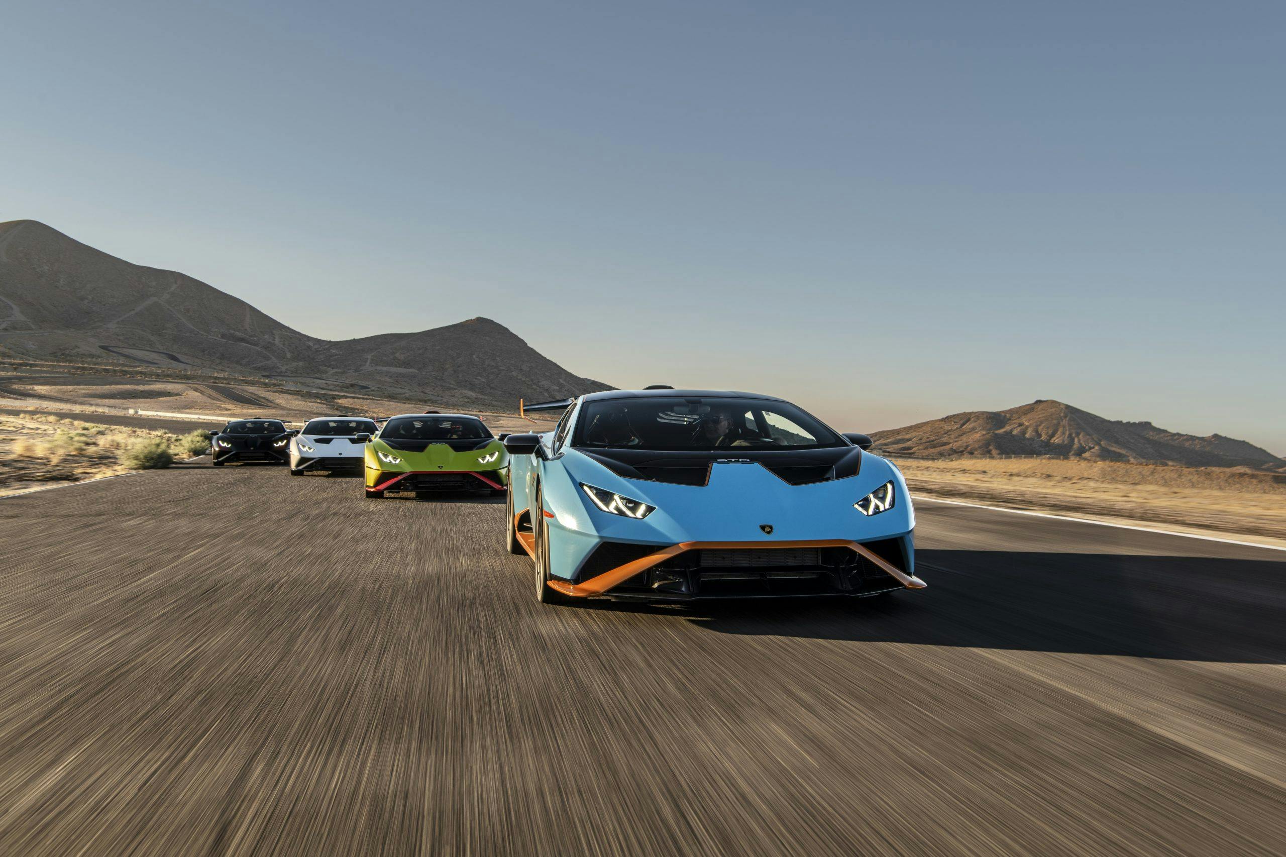 Lamborghini Huracán STO group shot front ends on track