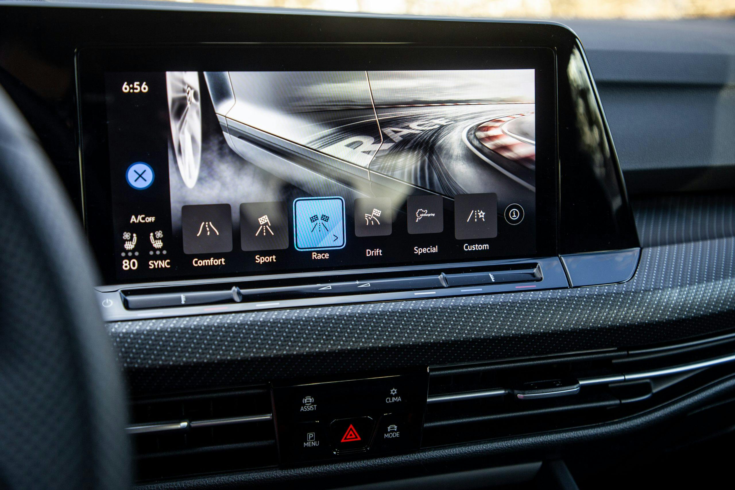 VW Golf R interior infotainment screen race modes