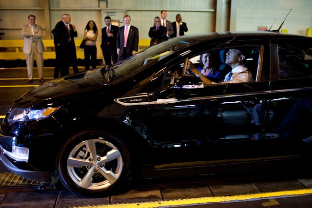 Barack Obama driving Chevy Volt