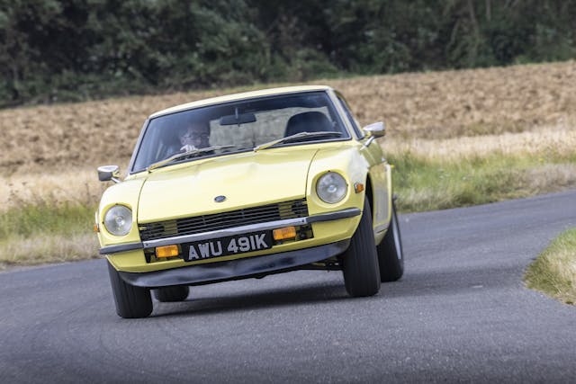 Datsun 240Z front cornering driving action