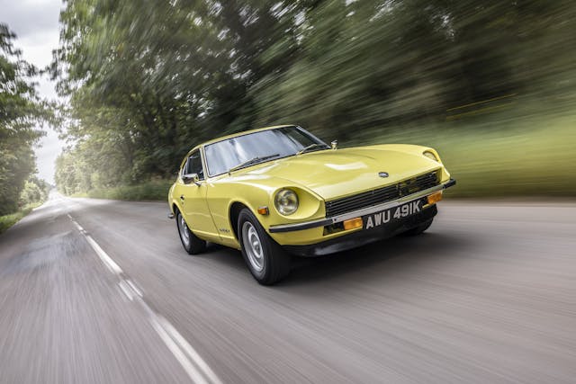 Datsun 240Z front three-quarter driving action