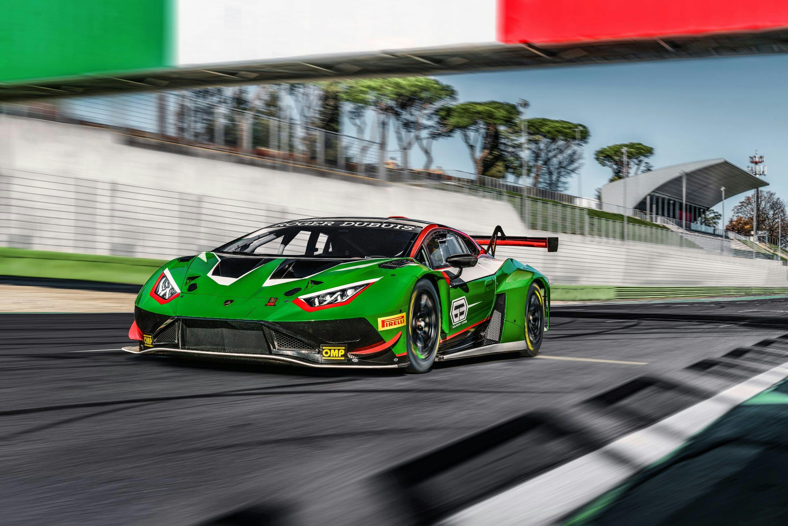 Lamborghini Huracán GT3 EVO2 on track front three quarter with Italian colors