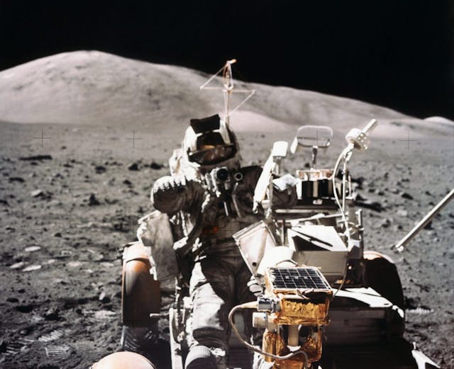 Astronaut Harrison H. Schmitt Driving Lunar Rover