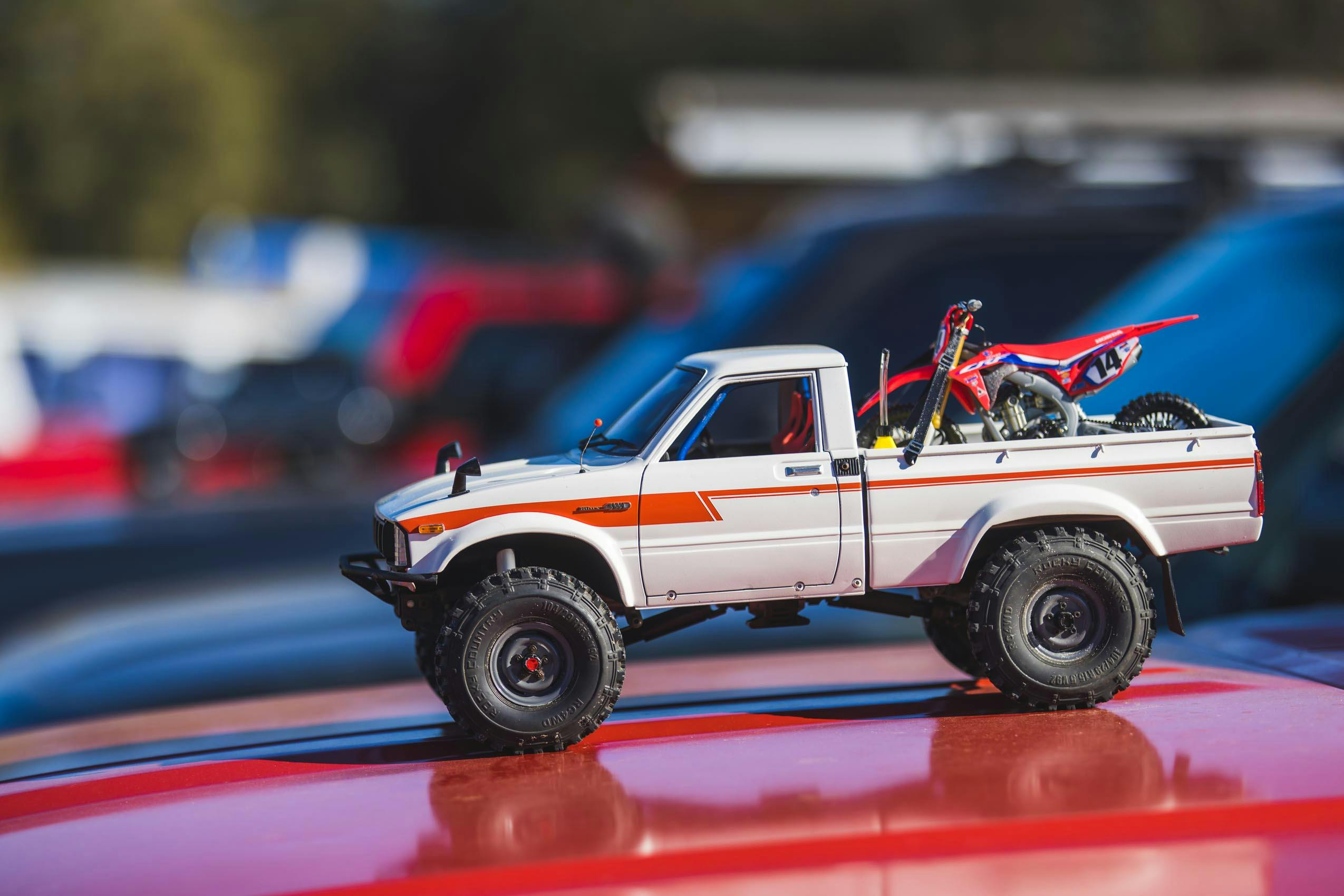 Scale RC Crawlers Brett Levan Toyota Pickup with dirt bike in bed