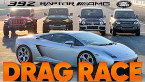 Bronco Raptor vs G63 AMG vs Jeep Wrangler 392 vs Defender V8 vs Gallardo — Cammisa’s Ultimate Drag Race Replay
