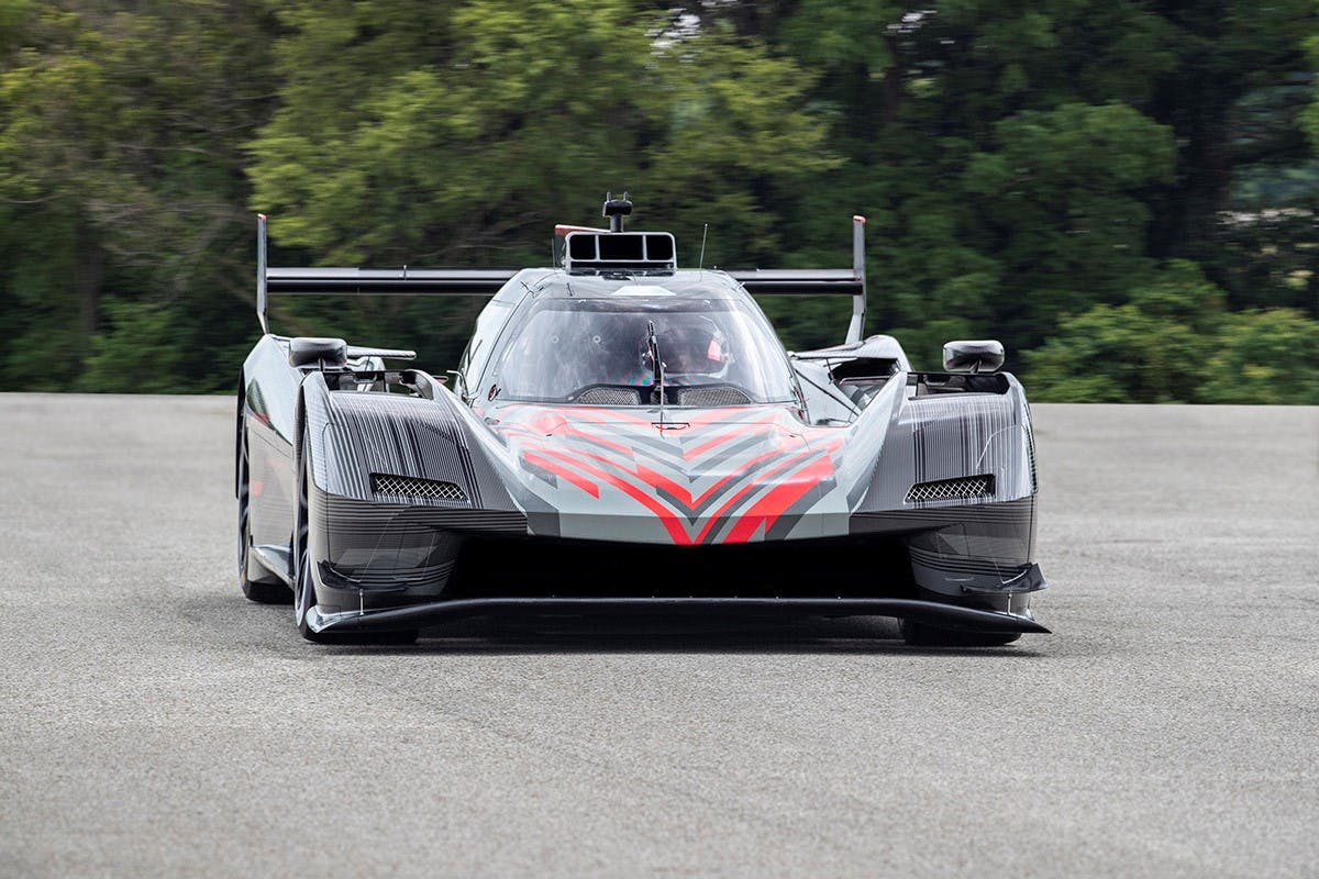 2023 Cadillac LMDh prototype on track car front end