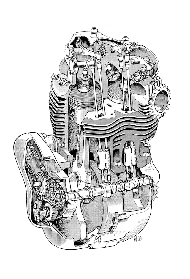 1967 Norton P11 Atlas engine cutaway internals illustration