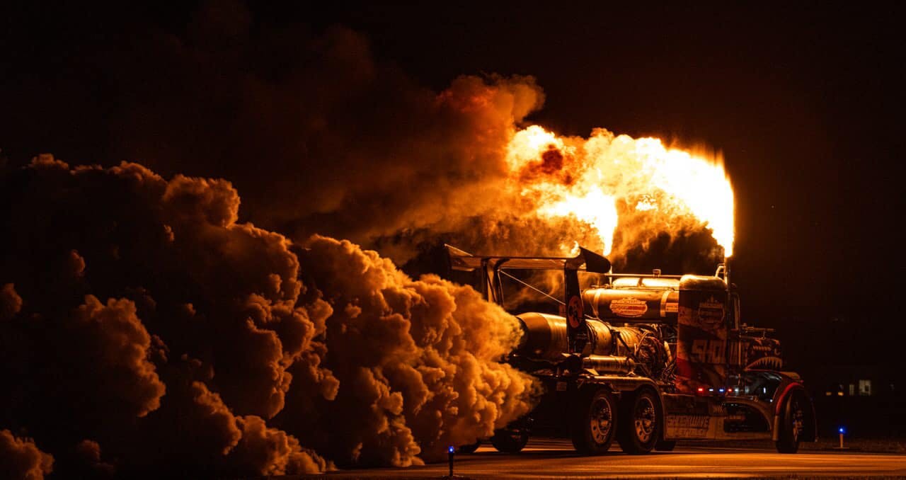 Shockwave Jet Truck fire smoke action night