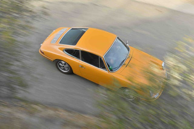 Porsche 911E high angle action