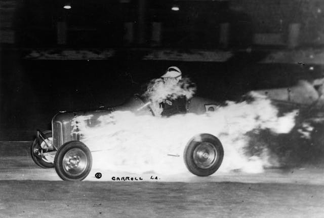 Fred Friday hot rod racer on fire