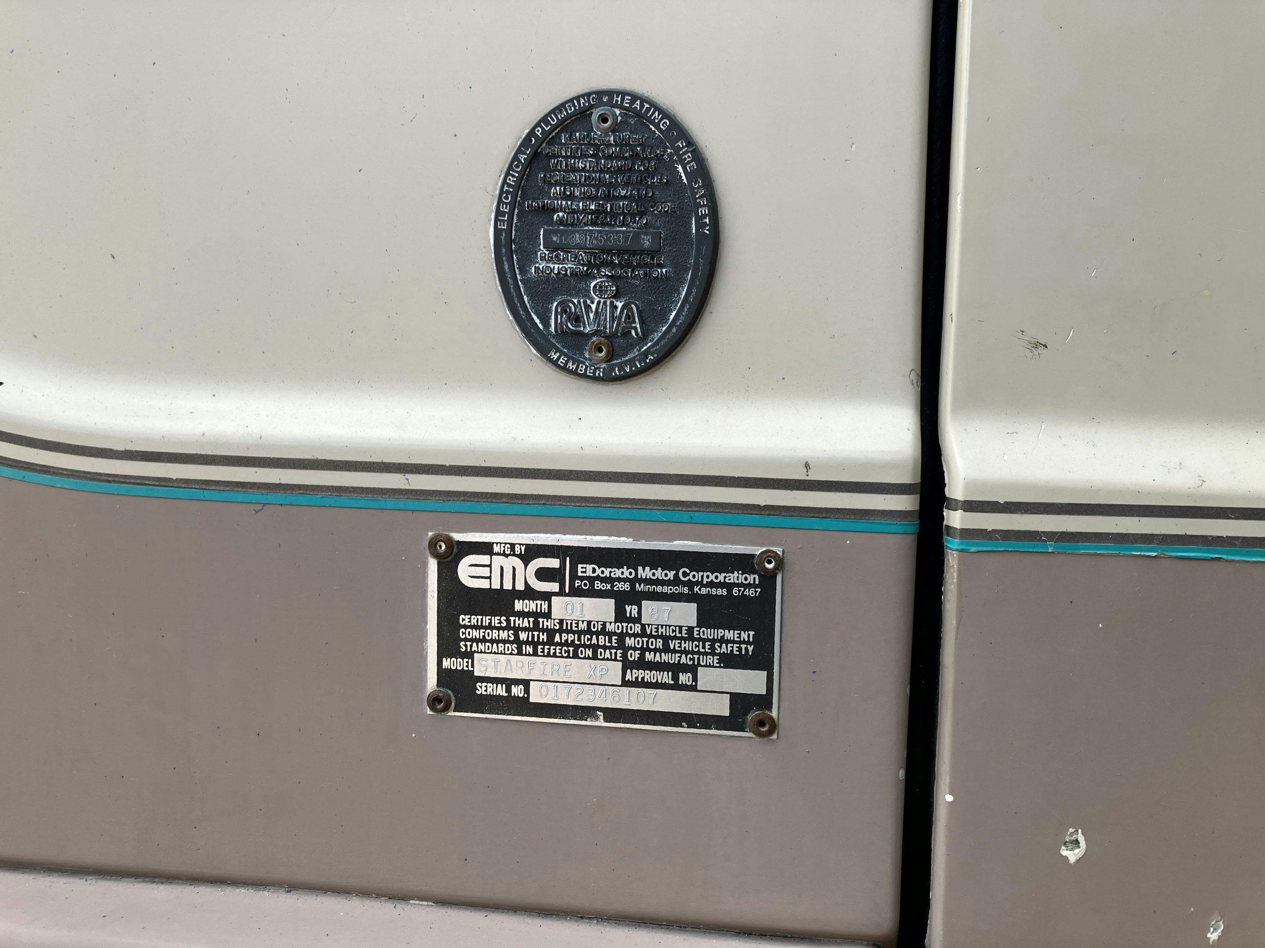 1987 EMC Eldorado Starfire RV info plates