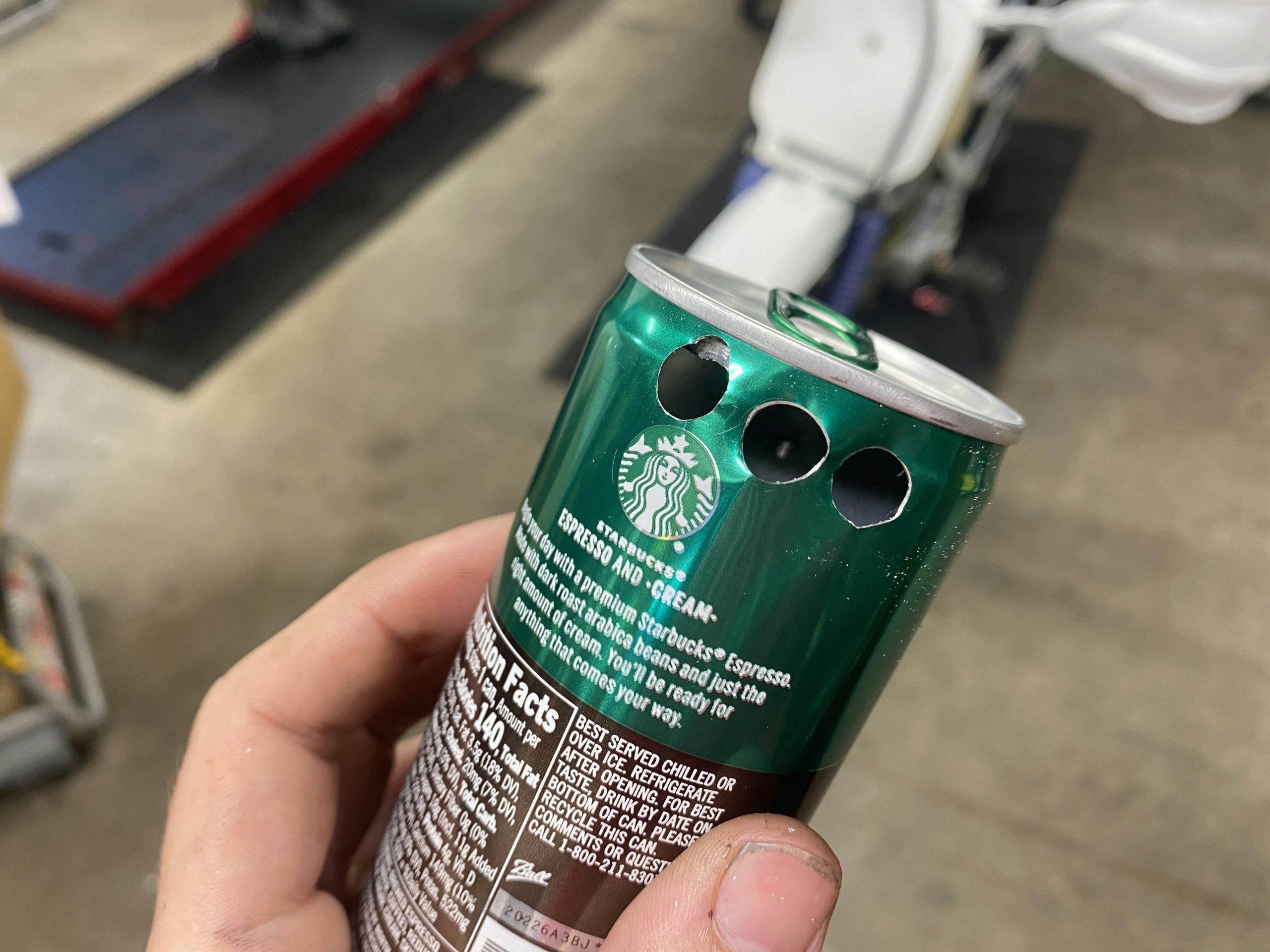 drilled holes in Starbucks DoubleShot Expresso can