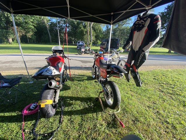 SV650 and XR250R on stands at Blackhawk Farms 