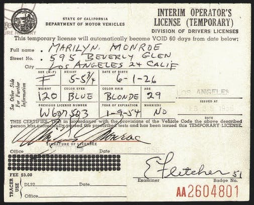 Marilyn Monroe's driver's license, 1956