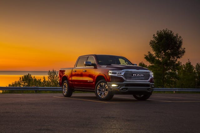 2023 Ram 1500 Longhorn EcoDiesel exterior front three quarter at sunset