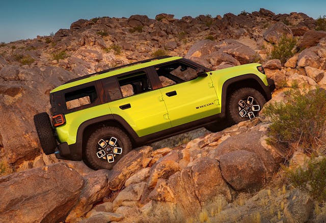 Jeep Recon EV exterior side profile on the rocks