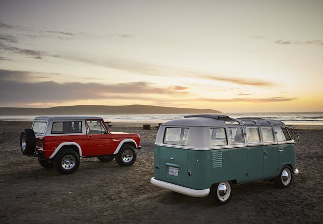 Bronco and VW bus on the beach