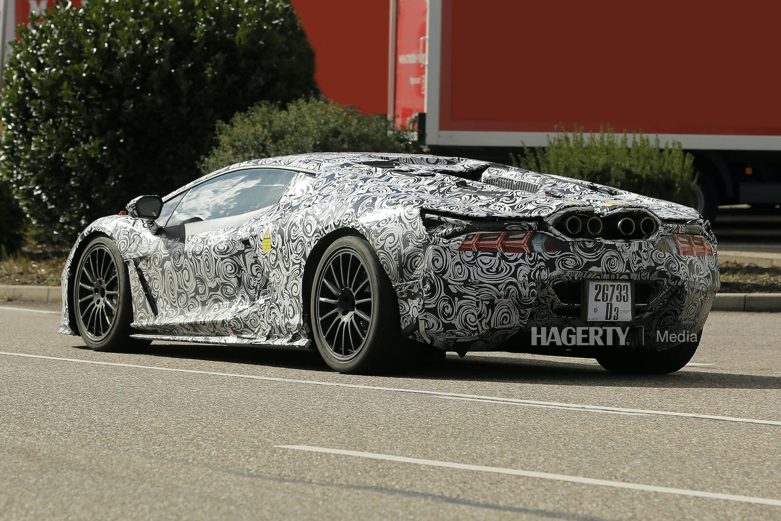 Lamborghini Aventador PHEV camo spy shot rear three-quarter