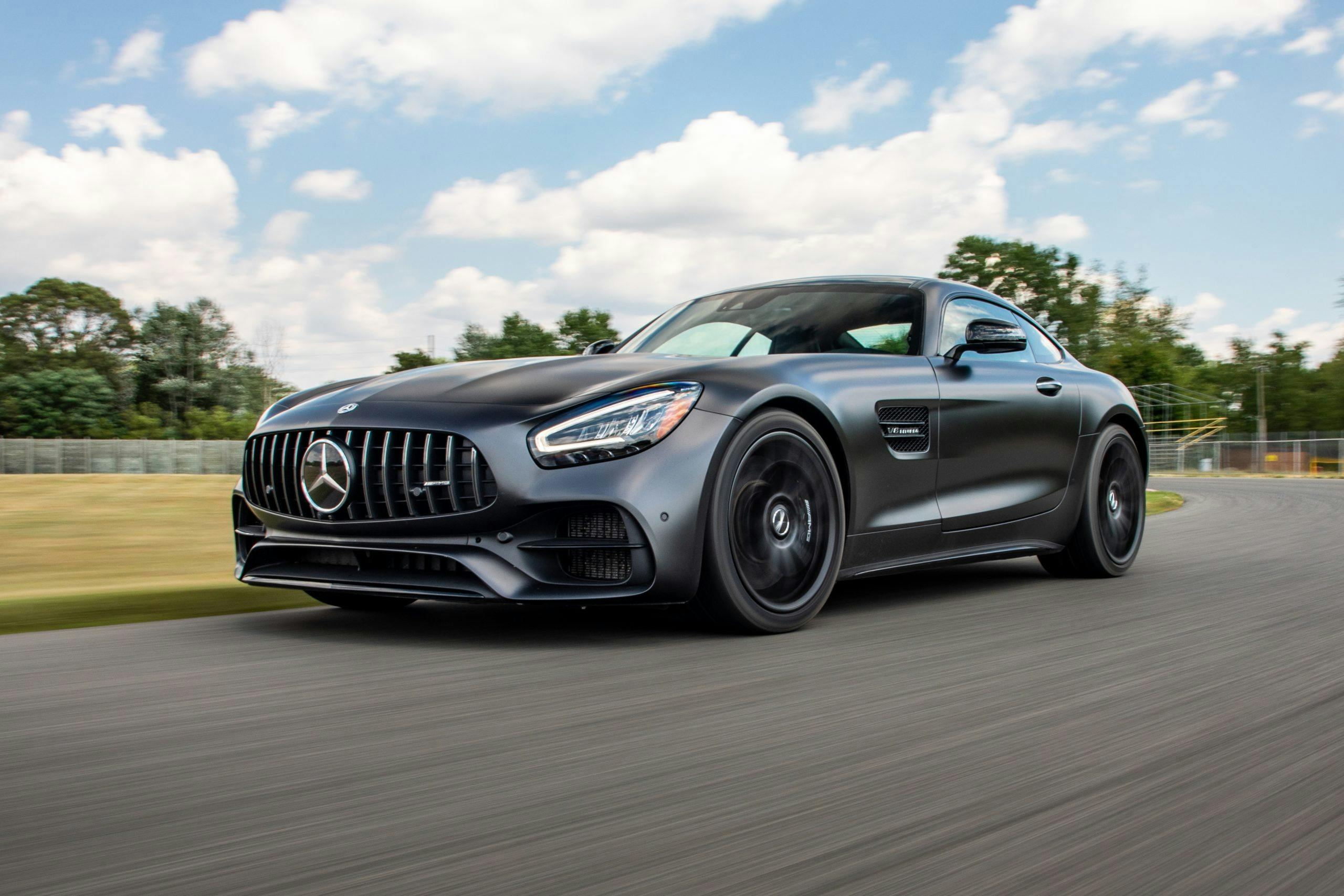 2021 Mercedes-AMG GT Stealth Edition front three-quarter dynamic motion