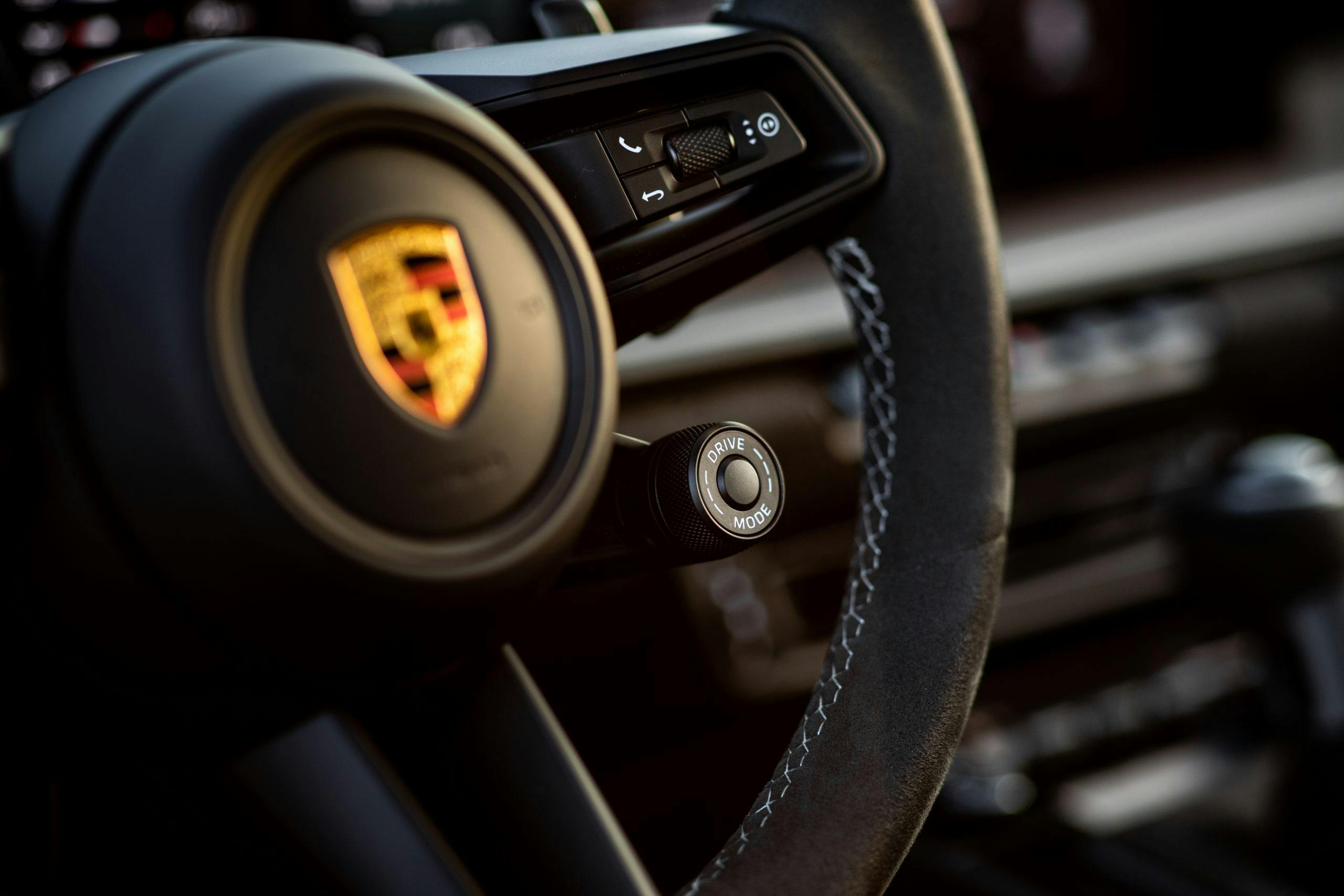 Porsche GT3 steering wheel drive mode detail