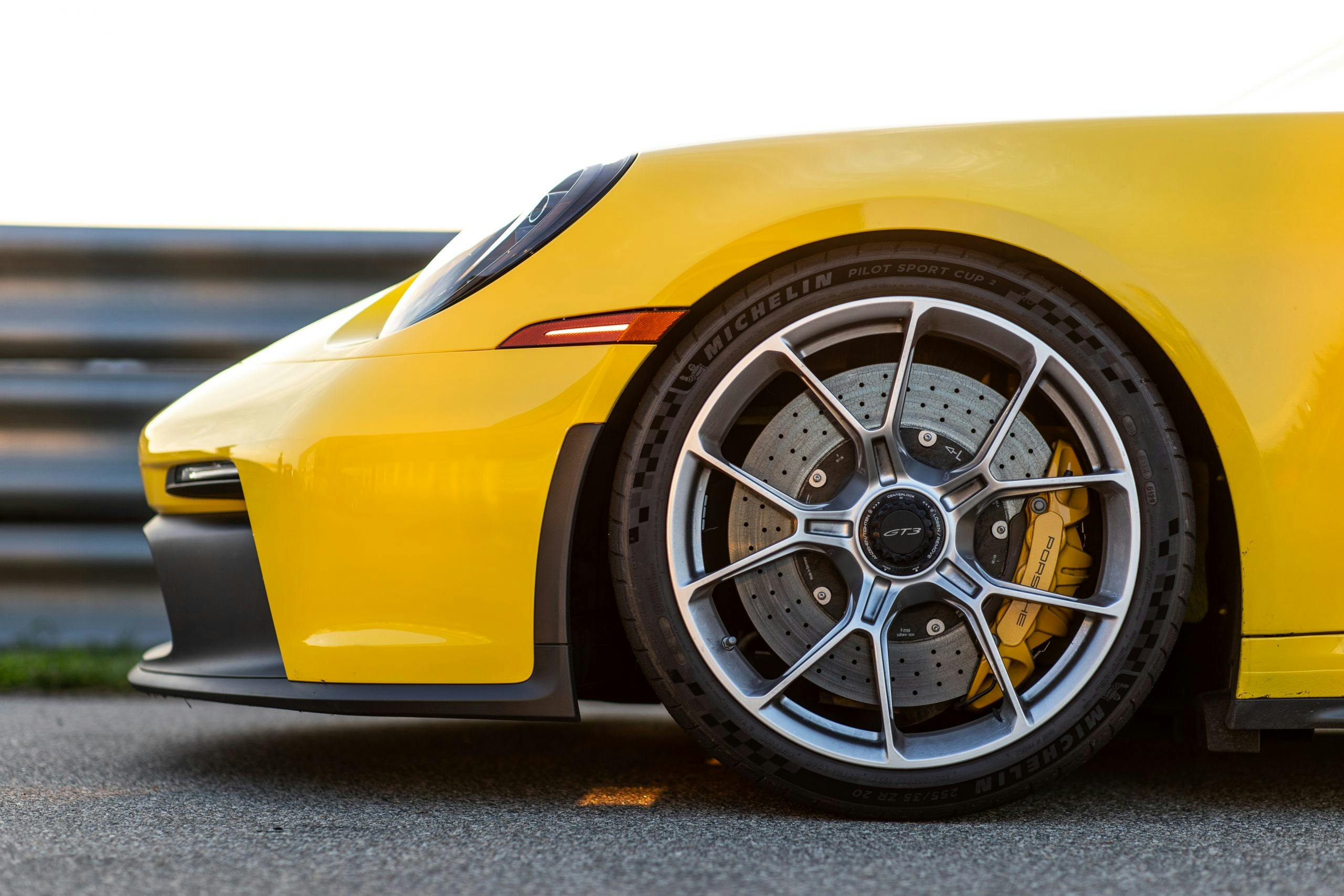 Porsche GT3 front end wheel brakes tire closeup