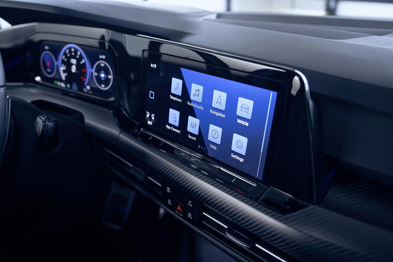 Volkswagen Golf R 20th Anniversary Edition interior carbon-fiber dash insert and center screen