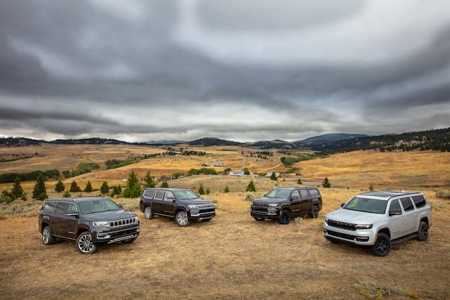 (Left to right) 2023 Wagoneer L Series III, 2023 Grand Wagoneer L Series III, 2023 Grand Wagoneer Obsidian, 2023 Wagoneer L Carbide