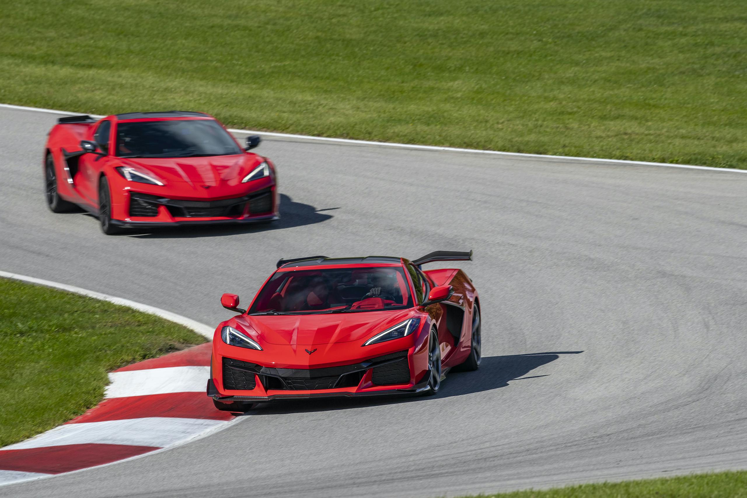 2023 Corvette Z06 front three-quarter track action group red