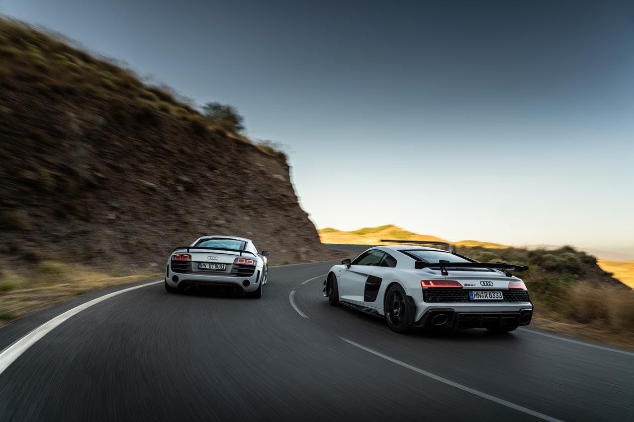Audi R8 V10 GT RWD and classic R8 GT rear ends driving