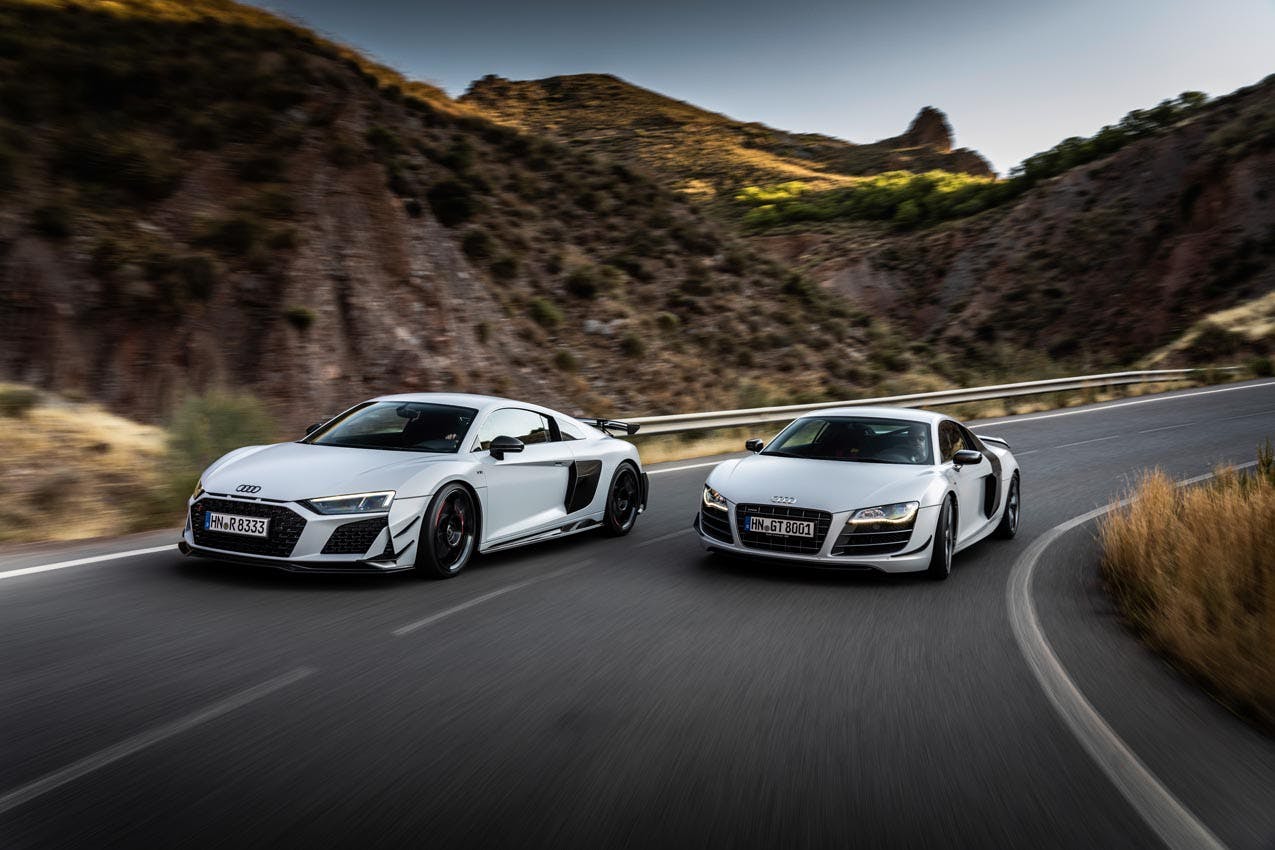 Audi R8 V10 GT RWD and classic R8 GT front three quarters driving