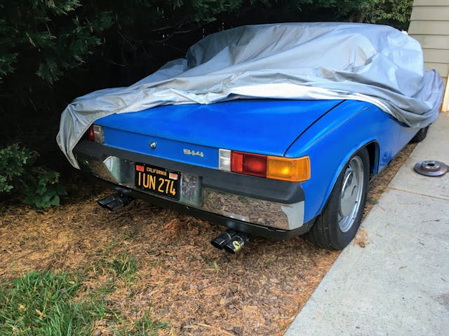 Porsche 914 rear three-quarter underneath car cover