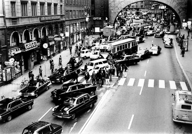 Stockholm street traffic driving right september 5th