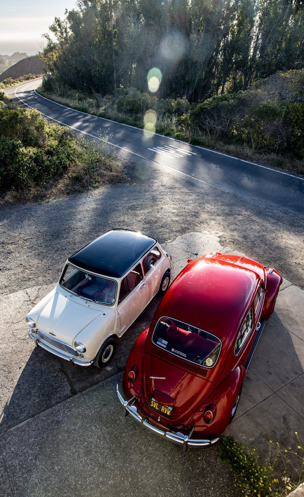 Volkswagen Beetle Austin Mini turnoff side by side high angle