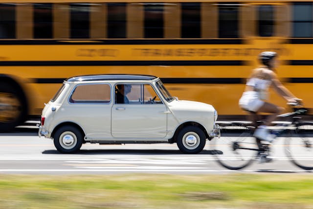 Austin Mini driving action side view