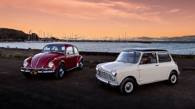 Volkswagen Beetle Austin Mini San Francisco bay sunset marina view