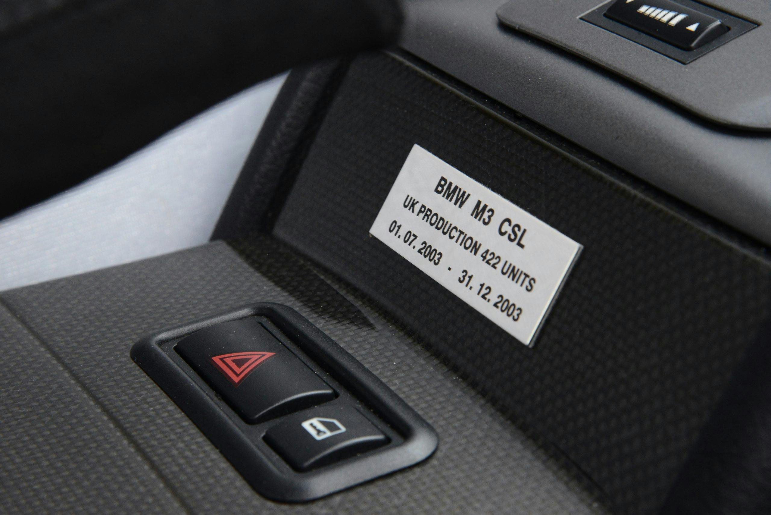 BMW M3 CSL interior center console badge
