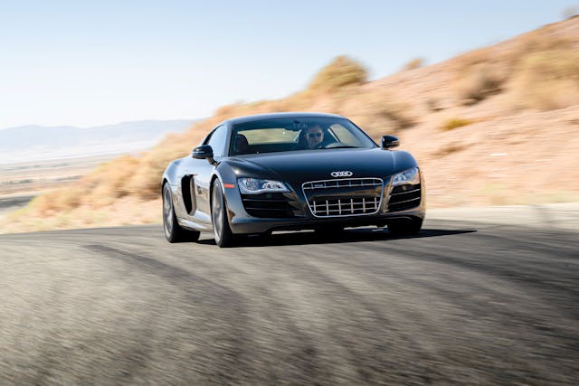 Audi R8 front three-quarter driving action