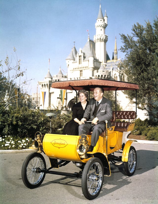 Walt Disney and Wife Riding in Antique Auto at Disneyland